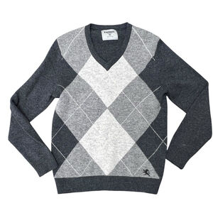 Express Men’s S Lambswool Argyle V-Neck Sweater Gray Diamond Knit Pullover